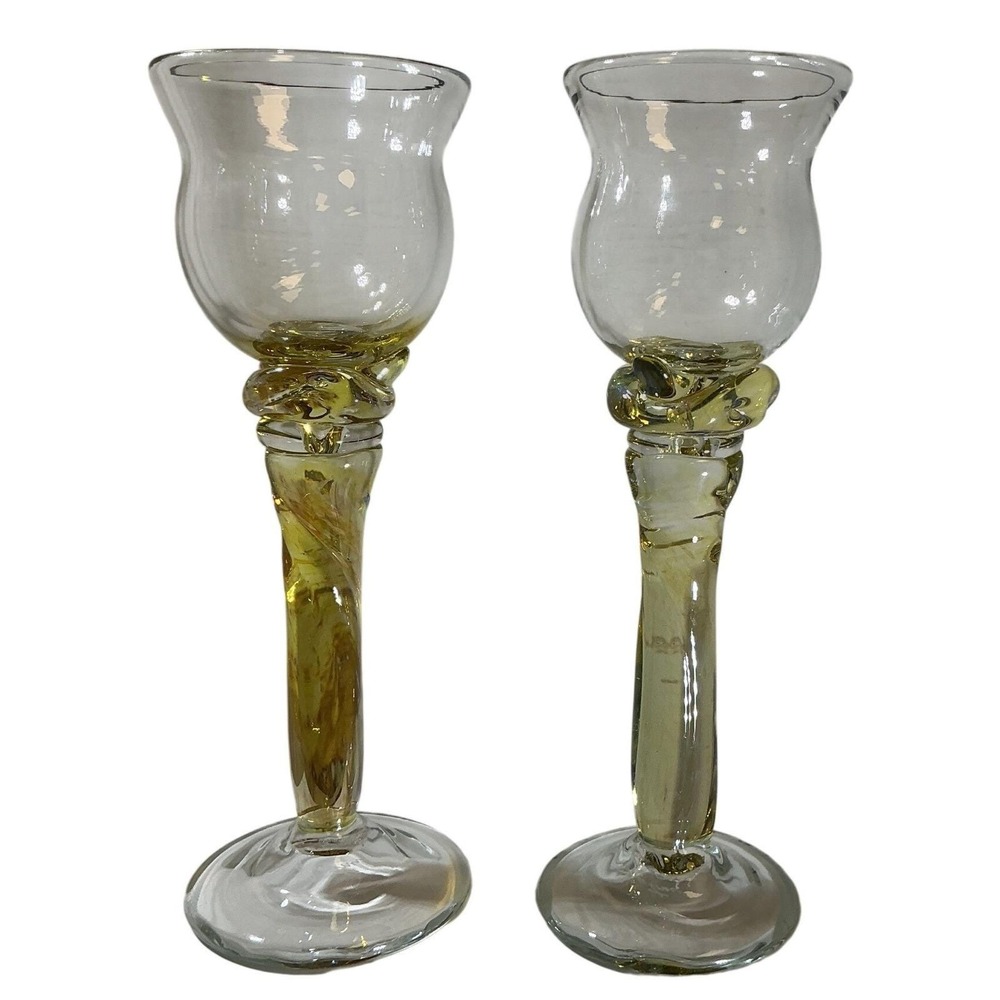 Set of 2 Vintage Hand-Blown Amber Swirl Glass Candle Holders (9 Inch)